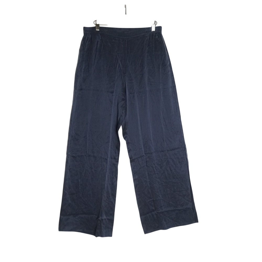 Lunya Good In Bed Washable Silk Wide Leg Pants Navy Blue Lounge Trousers L/XL